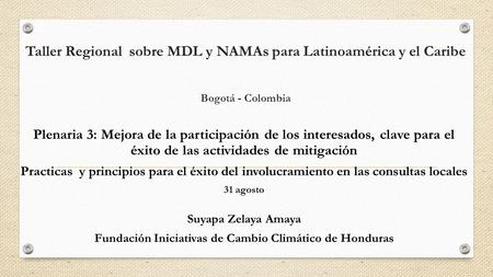 Taller Regional sobre MDL y NAMAs para Latinoamérica y el Caribe Bogotá - Colombia Plenaria 3: Mejora de la participación de los interesados, clave para.