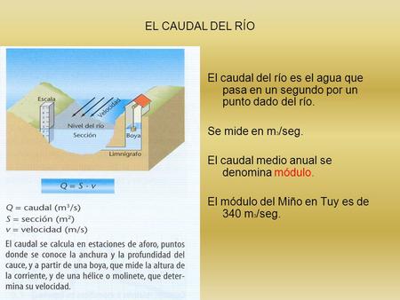 EL CAUDAL DEL RÍO El caudal del río es el agua que pasa en un segundo por un punto dado del río. Se mide en m3/seg. El caudal medio anual se denomina módulo.