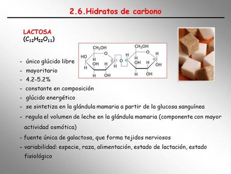 2.6.Hidratos de carbono LACTOSA (C12H22O11) único glúcido libre