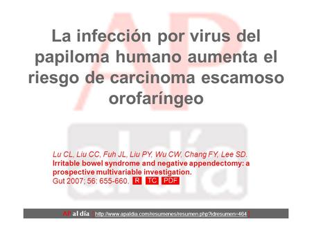 La infección por virus del papiloma humano aumenta el riesgo de carcinoma escamoso orofaríngeo Lu CL, Liu CC, Fuh JL, Liu PY, Wu CW, Chang FY, Lee SD.