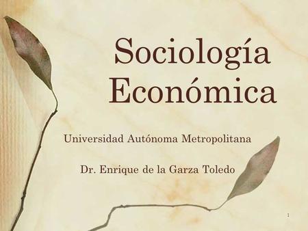 Sociología Económica Universidad Autónoma Metropolitana Dr. Enrique de la Garza Toledo 1.