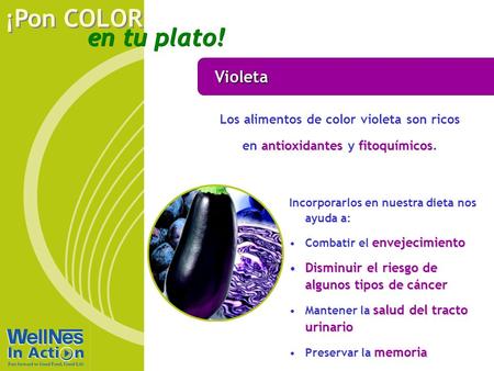 En tu plato! ¡Pon COLOR Violeta antioxidantesfitoquímicos Los alimentos de color violeta son ricos en antioxidantes y fitoquímicos. Incorporarlos en nuestra.