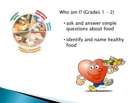 Who am I? (Grades 1 – 2) ask and answer simple questions about food identify and name healthy food.