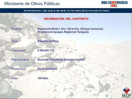 Proyecto:Reposición Ruta 1, Km. 325 al Km. 405 (por sectores); Provincia de Iquique, Región de Tarapacá. Sector:Pabellón de Pica. Presupuesto:$ 466.881.713.