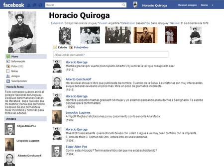 Horacio Quiroga Muchas gracias por averte preocupado Alberto! Voy a mirar la ver que cosa puedo aser. (1918) Alberto Gerchunoff Horacio leei el nuevo libro.