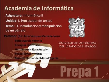 Academia de Informática Asignatura: Informática II Unidad: I. Procesador de textos Tema: 3. Introducción y manipulación de un párrafo. Profesor (a): Ávila.