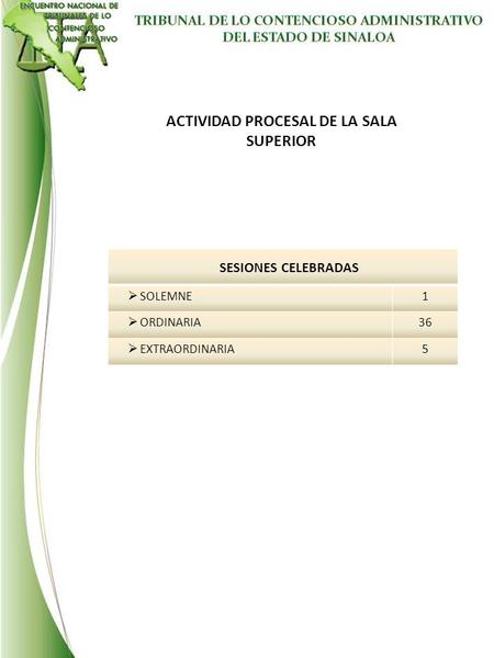 SESIONES CELEBRADAS  SOLEMNE1  ORDINARIA36  EXTRAORDINARIA5 ACTIVIDAD PROCESAL DE LA SALA SUPERIOR.