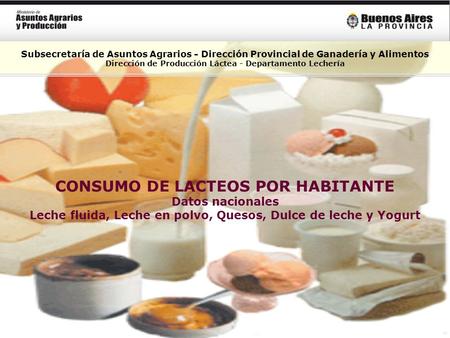 Subsecretaría de Asuntos Agrarios - Dirección Provincial de Ganadería y Alimentos Dirección de Producción Láctea - Departamento Lechería CONSUMO DE LACTEOS.