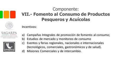 Componente: VII.- Fomento al Consumo de Productos Pesqueros y Acuícolas Incentivos: a)Campañas Integrales de promoción de fomento al consumo; b)Estudios.