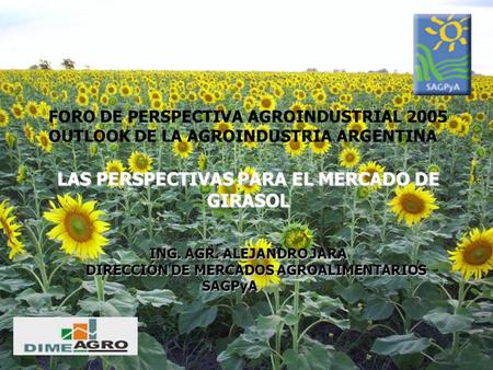 FORO DE PERSPECTIVA AGROINDUSTRIAL 2005 OUTLOOK DE LA AGROINDUSTRIA ARGENTINA LAS PERSPECTIVAS PARA EL MERCADO DE GIRASOL ING. AGR. ALEJANDRO JARA DIRECCIÓN.