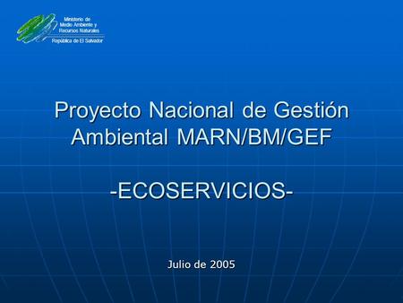Proyecto Nacional de Gestión Ambiental MARN/BM/GEF -ECOSERVICIOS- Julio de 2005 Ministerio de Medio Ambiente y Recursos Naturales República de El Salvador.