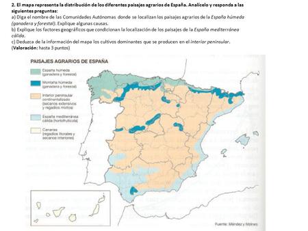 2. El mapa representa la distribución de los diferentes paisajes agrarios de España. Analícelo y responda a las siguientes preguntas: a) Diga el nombre.