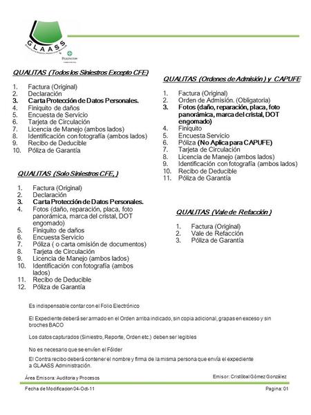 Área Emisora: Auditoria y Procesos Emisor: Cristóbal Gómez González Pagina: 01Fecha de Modificacion 04-Oct-11 QUALITAS (Todos los Siniestros Excepto CFE)