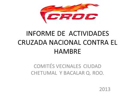 INFORME DE ACTIVIDADES CRUZADA NACIONAL CONTRA EL HAMBRE COMITÉS VECINALES CIUDAD CHETUMAL Y BACALAR Q. ROO. 2013.