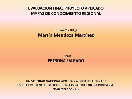 EVALUACION FINAL PROYECTO APLICADO MAPAS DE CONOCIMEINTO REGIONAL Grupo: 712001_2 Martín Mendoza Martínez Tutora: PETRONA SALGADO UNIVERSIDAD NACIONAL.