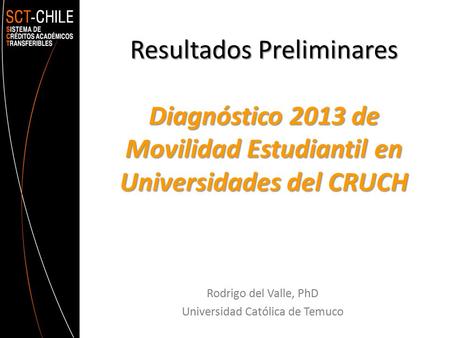 Resultados Preliminares Diagnóstico 2013 de Movilidad Estudiantil en Universidades del CRUCH Rodrigo del Valle, PhD Universidad Católica de Temuco.