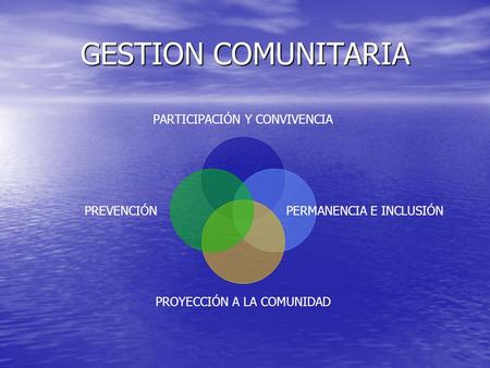 GESTION COMUNITARIA PARTICIPACIÓN Y CONVIVENCIA PERMANENCIA E INCLUSIÓN PROYECCIÓN A LA COMUNIDAD PREVENCIÓN.