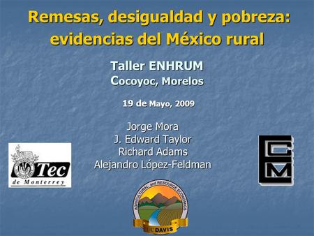 Remesas, desigualdad y pobreza: evidencias del México rural Taller ENHRUM C ocoyoc, Morelos 19 de Mayo, 2009 Remesas, desigualdad y pobreza: evidencias.