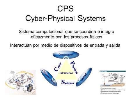 CPS C yber -P hysical S ystems Sistema computacional que se coordina e integra eficazmente con los procesos físicos Interactúan por medio de dispositivos.