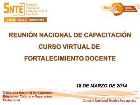 REUNIÓN NACIONAL DE CAPACITACIÓN CURSO VIRTUAL DE FORTALECIMIENTO DOCENTE 18 DE MARZO DE 2014 Colegiado Nacional de Desarrollo Educativo, Cultural y Superación.
