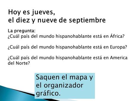 La pregunta: ¿Cuál país del mundo hispanohablante está en África? ¿Cuál país del mundo hispanohablante está en Europa? ¿Cuál país del mundo hispanohablante.