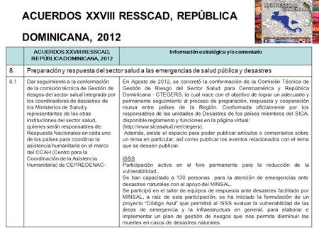 ACUERDOS XXVIII RESSCAD, REPÚBLICA DOMINICANA, 2012 Información estratégica y/o comentario 8.Preparación y respuesta del sector salud a las emergencias.
