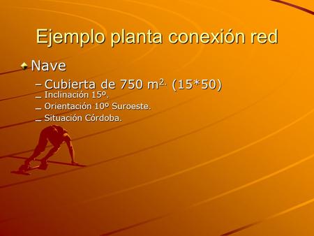 Ejemplo planta conexión red Nave –Cubierta de 750 m 2. (15*50) – Inclinación 15º. – Orientación 10º Suroeste. – Situación Córdoba.