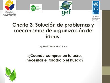 Charla 3: Solución de problemas y mecanismos de organización de ideas. Ing. Ernesto Muñoz Haro., M.B.A. ¿Cuando compras un taladro, necesitas el taladro.