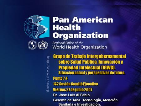 2004 Pan American Health Organization.... Grupo de Trabajo Intergubernamental sobre Salud Pública, Innovación y Propiedad Intelectual (IGWG). Situación.