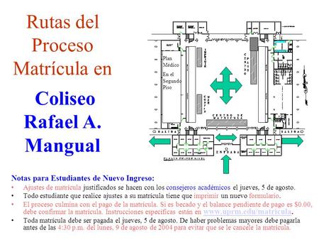 Rutas del Proceso Matrícula en Coliseo Rafael A. Mangual Notas para Estudiantes de Nuevo Ingreso: Ajustes de matrícula justificados se hacen con los consejeros.