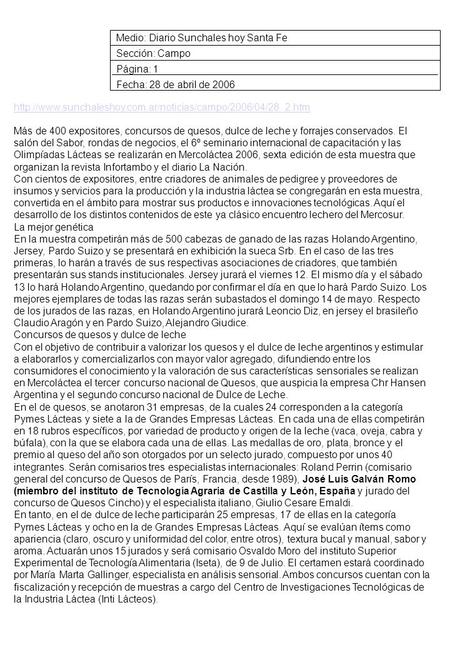 Medio: Diario Sunchales hoy Santa Fe Sección: Campo Página: 1 Fecha: 28 de abril de 2006