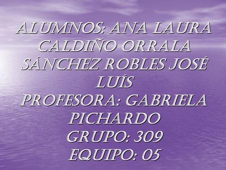 Alumnos: Ana Laura Caldiño Orrala Sánchez Robles José Luís profesora: Gabriela Pichardo Grupo: 309 Equipo: 05.