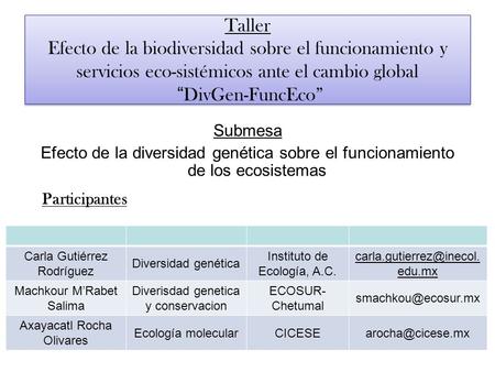 Taller Efecto de la biodiversidad sobre el funcionamiento y servicios eco-sistémicos ante el cambio global “ DivGen-FuncEco” Submesa Efecto de la diversidad.