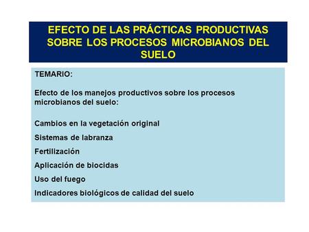 EFECTO DE LAS PRÁCTICAS PRODUCTIVAS SOBRE LOS PROCESOS MICROBIANOS DEL SUELO TEMARIO: Efecto de los manejos productivos sobre los procesos microbianos.