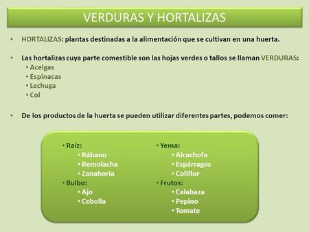 VERDURAS Y HORTALIZAS HORTALIZAS: plantas destinadas a la alimentación que se cultivan en una huerta. Las hortalizas cuya parte comestible son las hojas.