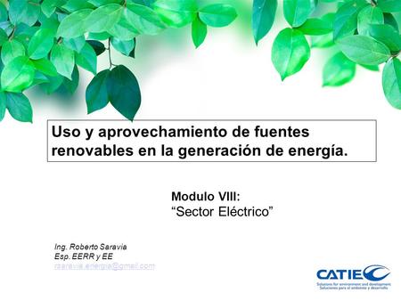 Uso y aprovechamiento de fuentes renovables en la generación de energía. Modulo VIII: “Sector Eléctrico” Ing. Roberto Saravia Esp. EERR y EE