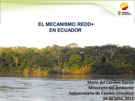 EL MECANISMO REDD+ EN ECUADOR María del Carmen García Ministerio del Ambiente Subsecretaría de Cambio Climático 04 de julio, 2012.