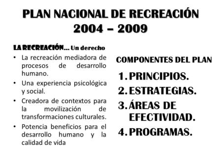 PLAN NACIONAL DE RECREACIÓN 2004 – 2009