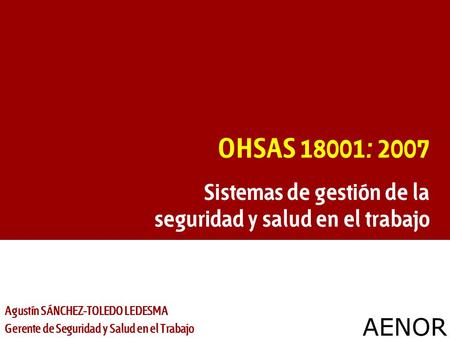 OHSAS 18001: 2007 Sistemas de gestión de la seguridad y salud en el trabajo Agustín SÁNCHEZ-TOLEDO LEDESMA Gerente de Seguridad y Salud en el Trabajo.