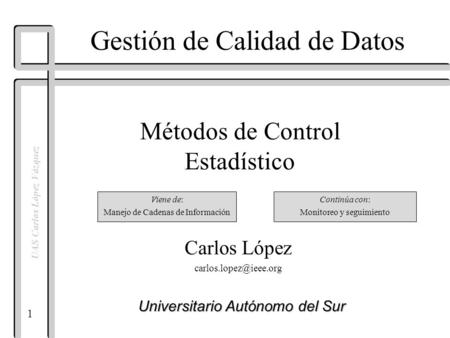 1 UAS Carlos López Vázquez Gestión de Calidad de Datos Carlos López Universitario Autónomo del Sur Métodos de Control Estadístico.