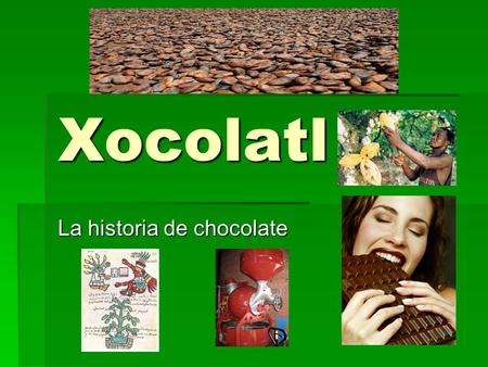 Xocolatl La historia de chocolate.  En Los Estados Unidos, cada persona come más de 11 libras de chocolate en un año (mucho entre las comidas). Nos encanta.