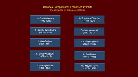 Grandes Compositores Franceses 2ª Parte Presentados en orden cronológico 1.- Charles Lecocq (1832-1918) 3.- Leo Delibes (1836 - 1891) 2.- Camille Saint-Saëns.