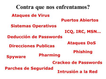 Ataques de Virus Sistemas Operativos Parches de Seguridad Direcciones Publicas Puertos Abiertos Deducción de Passwords Crackeo de Passwords Ataques DoS.
