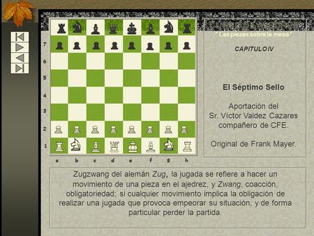 8 7 6 5 4 3 2 1 abcdef g h Zugzwang del alemán Zug, la jugada se refiere a hacer un movimiento de una pieza en el ajedrez, y Zwang, coacción, obligatoriedad;