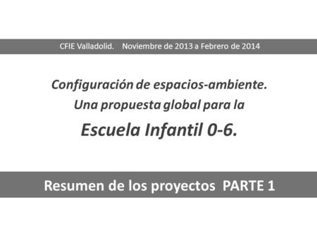 Configuración de espacios-ambiente. Una propuesta global para la Escuela Infantil 0-6. CFIE Valladolid. Noviembre de 2013 a Febrero de 2014 Resumen de.