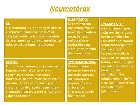 Neumotórax DIAGNÓSTICO: Se confirma con una radiografía de tórax. Raramente se necesita hacer radiografías en espiración para visualizar la cámara de neumotórax.