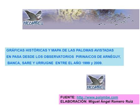GRÁFICAS HISTÓRICAS Y MAPA DE LAS PALOMAS AVISTADAS EN PASA DESDE LOS OBSERVATORIOS PIRINAICOS DE ARNÉGUY, BANCA, SARE Y URRUGNE ENTRE EL AÑO 1999 y 2009.