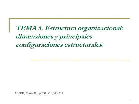 TEMA 5. Estructura organizacional: dimensiones y principales configuraciones estructurales. UNED, Tomo II, pp. 289-301, 315-339.