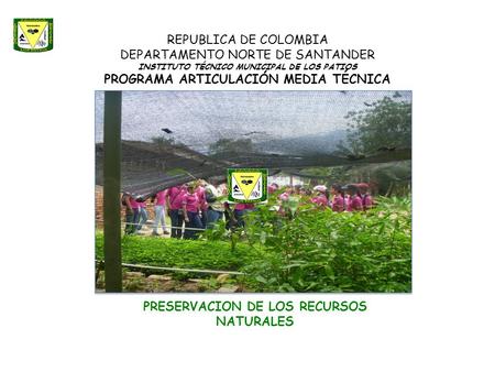 PRESERVACION DE LOS RECURSOS NATURALES REPUBLICA DE COLOMBIA DEPARTAMENTO NORTE DE SANTANDER INSTITUTO TÉCNICO MUNICIPAL DE LOS PATIOS PROGRAMA ARTICULACIÓN.