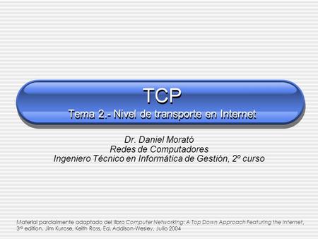 TCP Tema 2.- Nivel de transporte en Internet Dr. Daniel Morató Redes de Computadores Ingeniero Técnico en Informática de Gestión, 2º curso Material parcialmente.